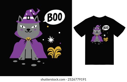 Cute cat wizard illustration with tshirt design vector the Concept of Isolated Technology. Flat Cartoon Style Suitable for Landing Web Pages,T shirt, Flyers, Stickers