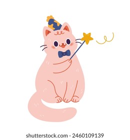 Lindo mago de gato con varita mágica y sombrero. Ilustración vectorial dibujada a mano