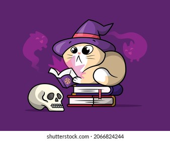 A CUTE CAT WIZARD IS READING A MAGIC BOOK AND SIT ON STACK OF BOOKS. HALLOWEEN ILLUSTRATION.