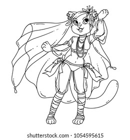 Cute cat woman belly dancer. Vector illustration isolated on white background. Illustration for coloring books.