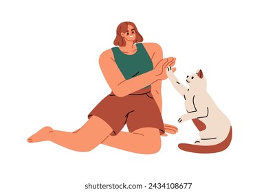 Cute cat and woman giving high five. Smart obedient trained feline animal and pet owner. Human and kitty communication, friendship concept. Flat vector illustration isolated on white background