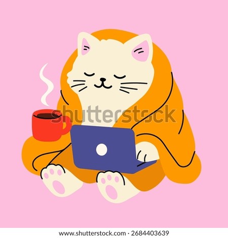Cute Cat Working from Home Wrapped in Blanket