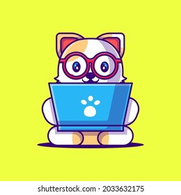 Cute Cat working with Laptop Cartoon Illustration. Animal Flat cartoon Style Concept
