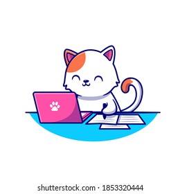 Cute Cat Working Laptop And Writing On Paper Cartoon Vector Icon Illustration. Animal Technology Icon Concept Isolated Premium Vector. Flat Cartoon Style