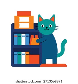 Gato lindo trabajando tarde en la noche bajo la lámpara de escritorio en la oficina minimalista, enfocando eficientemente mientras agrega encanto juguetón a las ilustraciones profesionales de la oficina del Vector.
