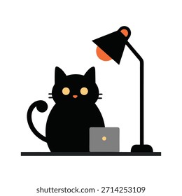 Gato lindo que trabaja tarde en la noche debajo de la lámpara de escritorio, Ilustración vectorial, gato profesional, trabajo de oficina nocturno, espacio de trabajo moderno, escena productiva