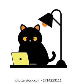 Gato lindo que trabaja tarde en la noche debajo de la lámpara de escritorio, Ilustración vectorial, gato profesional, trabajo de oficina nocturno, espacio de trabajo moderno, escena productiva