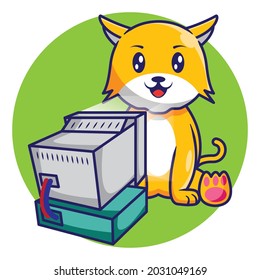 Cute Cat Working On Computer Cartoon Design