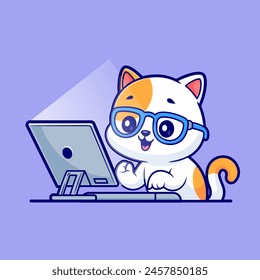 Gato lindo que trabaja en la ilustración del icono del Vector de dibujos animados del ordenador. Concepto de icono de negocio animal Vector Premium aislado. Estilo plano de dibujos animados