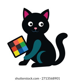 Gato lindo que trabaja en el ordenador de sobremesa con el ordenador portátil de la oficina, centrándose eficientemente mientras que añade el encanto juguetón a las ilustraciones modernas profesionales de la oficina del Vector.