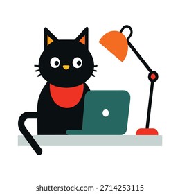 Nette Katze, die auf Desktop-Computer mit Bürolayout arbeitet, professionelle Katze, moderner Arbeitsplatz, Vektorgrafik, Produktivität, Büroumgebung