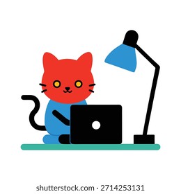 Gato lindo que trabaja en el ordenador de sobremesa con la disposición de la oficina, gato profesional, espacio de trabajo moderno, Ilustración vectorial, productividad, ambiente de la oficina