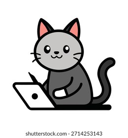Gato lindo que trabaja en la tableta de Diseño gráfico en la oficina moderna, Ilustración vectorial, gato creativo, productividad de la oficina, espacio de trabajo profesional, ilustración digital