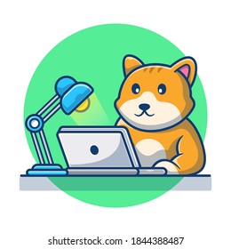 Cute Cat Working on Laptop Vector Illustration. Cat icon cartoon concept. Animal illustration. Flat Cartoon Style Suitable for Product, Apparel, Digital Print 