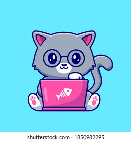 Cute Cat Working On Laptop Cartoon Vector Icon Illustration. Animal Technology Icon Concept Isolated Premium Vector. Flat Cartoon Style