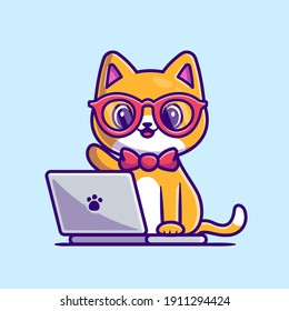 Gato Cuto Trabajando En La Ilustración Del Icono Del Vector De Portátiles. Vector Premium Aislado De Icono De Tecnología Animal. Estilo de dibujo plano