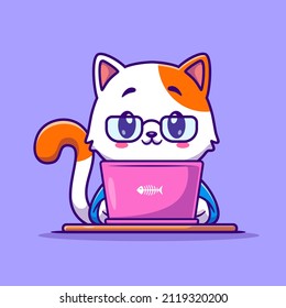 Cute Cat Working On Laptop Cartoon Vector Icon Illustration. Animal Technology Icon Concept Isolated Premium Vector. Flat Cartoon Style