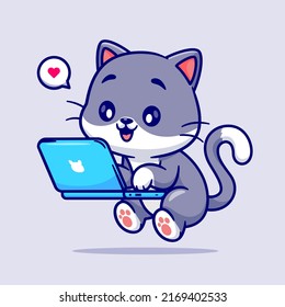 Cute Cat Working On Laptop Cartoon Vector Icon Illustration. Animal Technology Icon Concept Isolated Premium Vector. Flat Cartoon Style