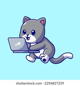 Cute Cat Working On Laptop Cartoon Vector Icon Illustration. Animal Technology Icon Concept Isolated Premium Vector. Flat Cartoon Style