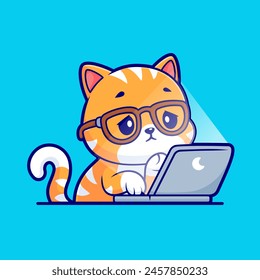 Cute Cat Working On Laptop Cartoon Vector Icon Illustration. Animal Business Icon Concept Isolated Premium Vector. Flat Cartoon Style