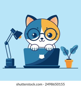 Cute cat working on laptop, table with books and flowers, desk lamp, cartoon. Vector icon illustration Animal technology Isolated flat vector
