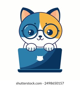 Gato lindo que trabaja en el ordenador portátil, tabla con los libros y las flores, lámpara de escritorio, historieta. Ilustración de icono de Vector Tecnología animal Vector plano aislado