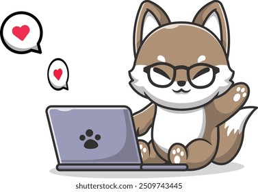 Cute Cat Working On Laptop Cartoon Vector Icon Illustration. Animal Technology Icon Concept Isolated Premium Vector. Flat Cartoon Style