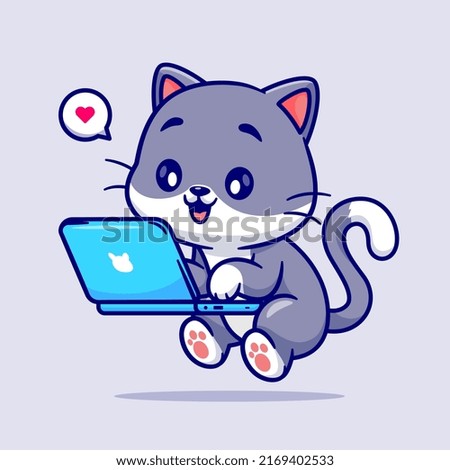 Cute Cat Working On Laptop Cartoon Vector Icon Illustration. Animal Technology Icon Concept Isolated Premium Vector. Flat Cartoon Style