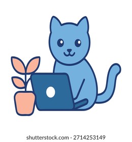 Gato lindo que trabaja remotamente con el ordenador portátil y la planta, Ilustración vectorial de la oficina en casa, gato profesional, productividad, espacio de trabajo digital, trabajo remoto moderno