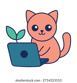 Gato lindo que trabaja remotamente con el ordenador portátil y la planta, Ilustración vectorial de la oficina en casa, gato profesional, productividad, espacio de trabajo digital, trabajo remoto moderno