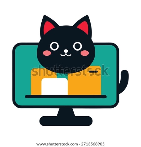 Cute cat working remotely with laptop and plant, completing tasks efficiently while adding playful charm to professional modern vector office illustrations.