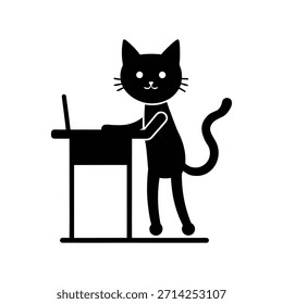 Gato lindo que trabaja en el escritorio de pie en Vector sólido limpio, gato profesional, ambiente de oficina, productividad, Ilustración vectorial, espacio de trabajo moderno, escena del negocio