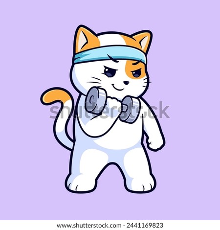 Cute cat workout with dumbbell cartoon vector icon illustration. Flat style animal cartoon logo