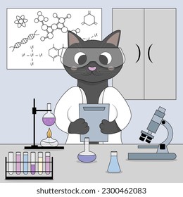 Cute cat works as a chemist. Cartoon animal character in a white coat and safety goggles conducts a science experiment with reagents. Profession, occupation, job, flat vector illustration