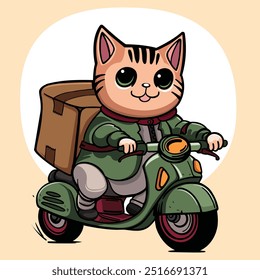 Cute cat works as a courier riding a green scooter to deliver goods