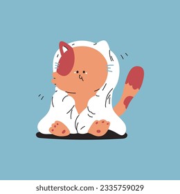 Cute cat wrapped in a blanket vector cartoon character isolated on background.