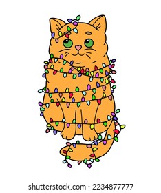 Cute cat wrapped in christmas garland.Illustration isolated on white background.