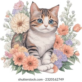 Cute Cat Wrapped In Flowers Coloring Book Vector Page