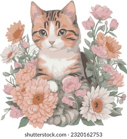 Cute Cat Wrapped In Flowers Coloring Book Vector Page