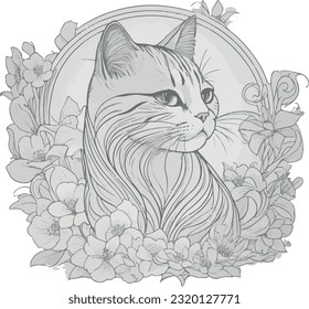 A Cute Cat Wrapped In Flowers Vector