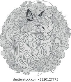 A Cute Cat Wrapped In Flowers Vector