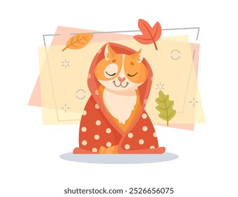 Cute cat wrapping in blanket and sleeping vector illustration. Cartoon domestic animal character at home. Leaves on abstract background. Autumn or fall, pet concept