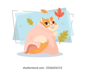 Cute cat wrapping itself in blanket vector illustration. Cartoon domestic animal character sitting. Autumn leaves on abstract background. Autumn or fall, pet concept