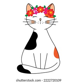 Cute cat in a wreath. Hi spring. Children's spring illustration in doodle style. Vector graphics