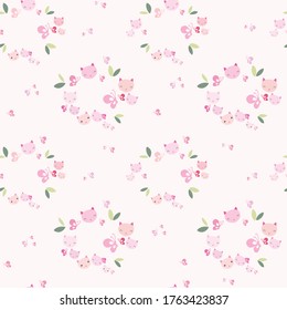 Cute cat wreath seamless pattern with butterflies and leaves on pink background.