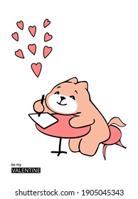 Cute cat is writing love letter. Cat falling in love. Valentine day card. Cartoon hand drawn character. Vector