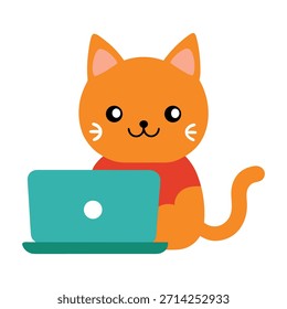 Lindo gato escribiendo correos electrónicos profesionales en la computadora portátil, Ilustración vectorial, comunicación de oficina, espacio de trabajo moderno, felino productivo, tareas de oficina digital