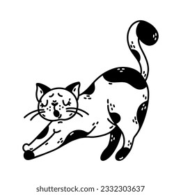 Cute cat yawns vector icon. Spotted black and white kitten is tired. Sleepy pet, nice domestic animal. Simple doodle, sketch. Isolated clipart. Illustration for posters, print, cards, stickers, web