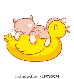 The cute cat and yellow duck! summer party may be