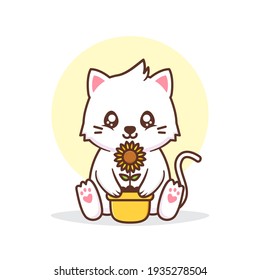 cute cat with yellow pot and sunflower